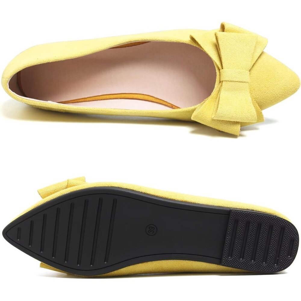 Women's Yellow Bowknot Ballet Flats Pointy Toe Casual Flat Shoes Suede - Picture 7 of 7